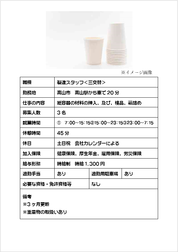 ［三交替］紙容器の製造、材料挿入・検品・箱詰め（高山市）