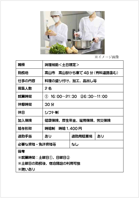 ［土日限定］調理補助、盛付け・加工・品出しなど（高山市）