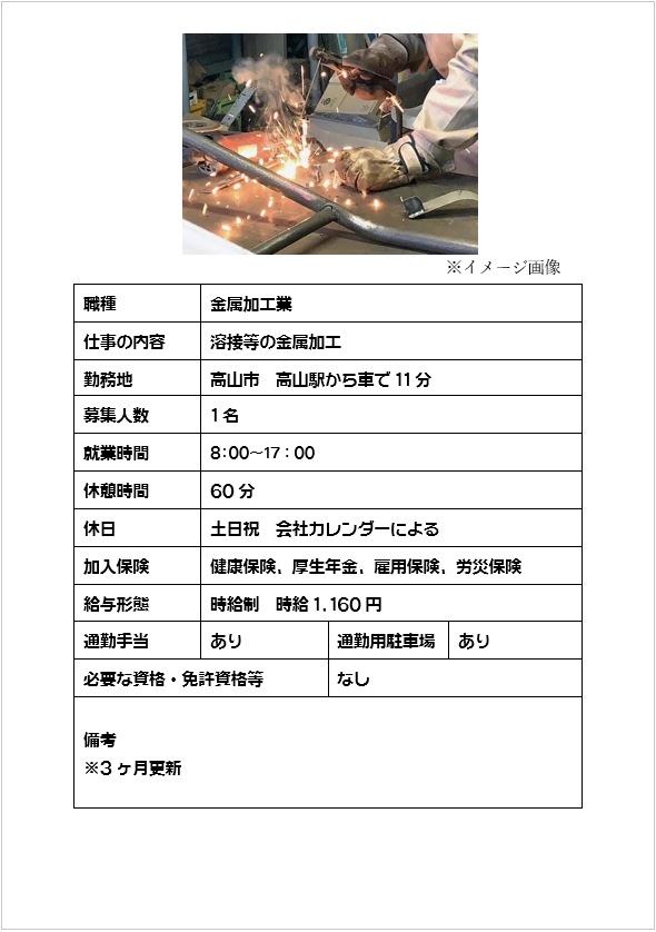 金属加工作業、溶接など（高山市）